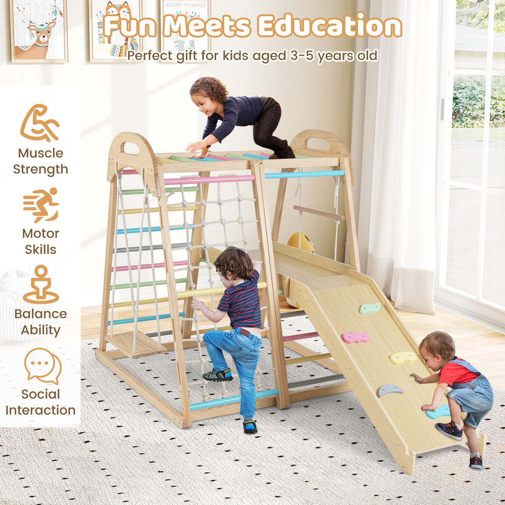 Wooden Montessori jungle gym playset with slide, monkey bars, and climbing features for kids aged 3-5 years old.