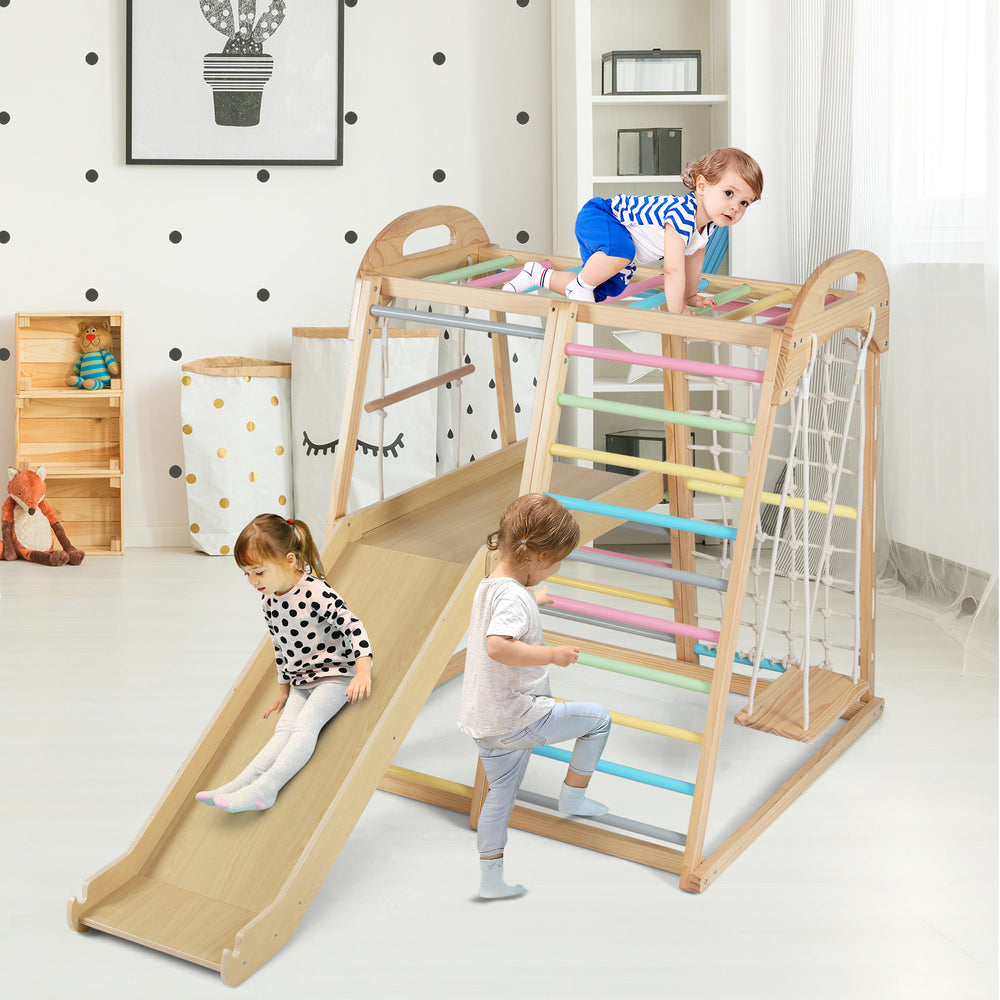 8-in-1 Jungle Gym Wooden Montessori Climber Playset with Slide and Monkey Bar for Kids 3-5 Years Old-Multicolor - Gallery View 1 of 10