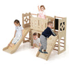 Wooden indoor playground with slide, climber, and chalkboard for toddlers, promoting active play and creativity.