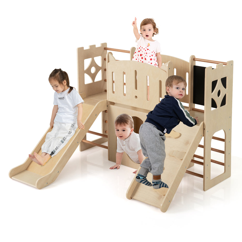 Wooden indoor playground with slide, climber, and chalkboard for toddlers, promoting active play and creativity.