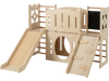 Toddler slide wooden indoor playground with climber, chalkboard, and smooth slides for safe, creative play.