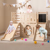 Wooden 8-in-1 toddler slide playground with climber, chalkboard, and tunnels for creative indoor play and exploration.