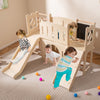 Wooden indoor playground with slide, climber, and chalkboard, designed for toddlers' creative play and motor skill.