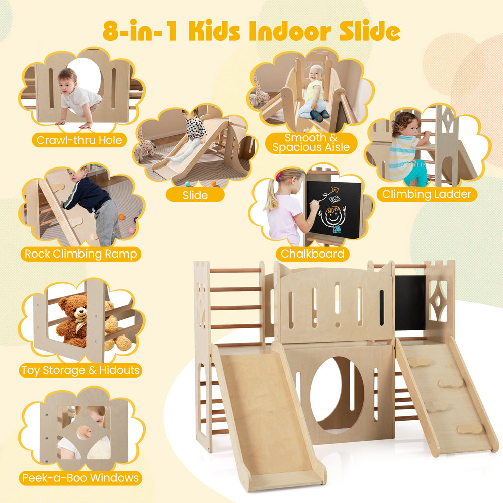 8-in-1 toddler slide indoor playground features a climbing ramp, chalkboard, and spacious slide for creative play.