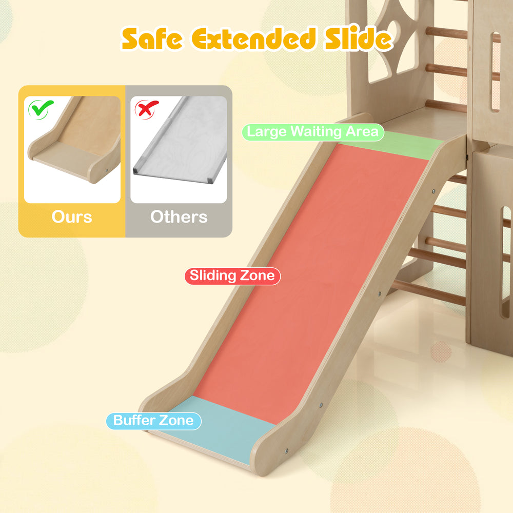 Extended slide of the 8-in-1 toddler playground, featuring a large waiting area and smooth sliding zone for safe play.