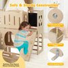 Toddler slide wooden indoor playground with climber, chalkboard, and smooth rounded edges for safe play.