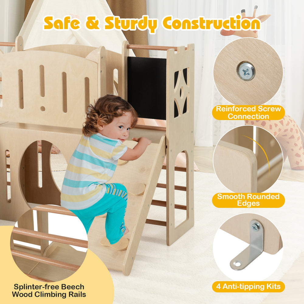 Toddler slide wooden indoor playground with climber, chalkboard, and smooth rounded edges for safe play.