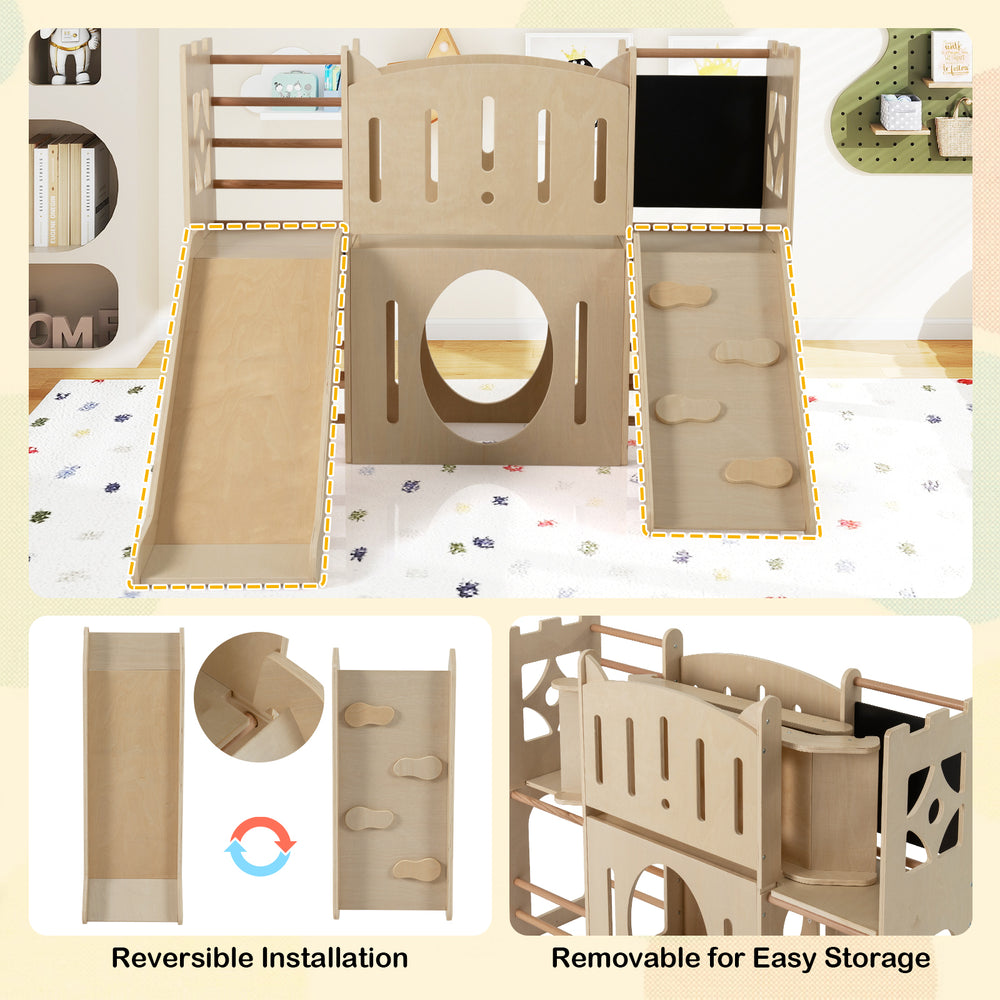 8-in-1 toddler slide and climber in natural wood with removable slide, chalkboard, and reversible installation for.