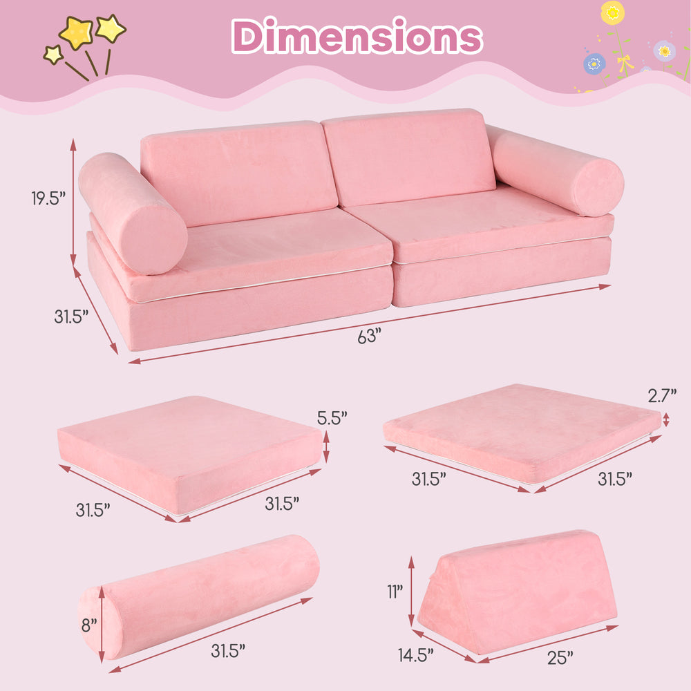 Dimensions of the 8-piece kids play couch foam set in pink, showcasing modular pieces for versatile play and comfort.