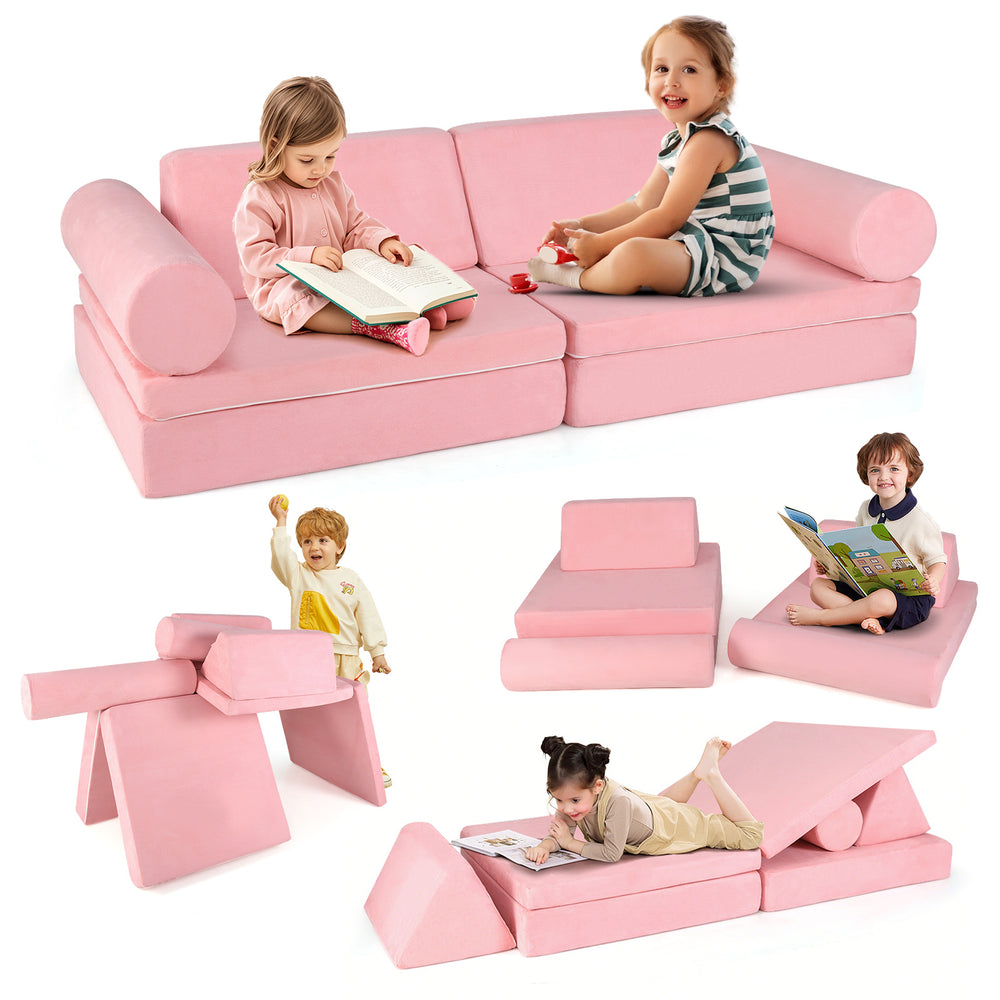 Modular 8-piece kids play couch set in pink, made of high-density foam and suede, perfect for imaginative play and.