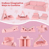 Modular 8-piece kids play couch set in pink, featuring versatile shapes for imaginative play and comfortable foam.