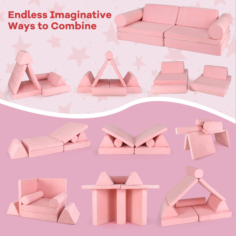 Modular 8-piece kids play couch set in pink, featuring versatile shapes for imaginative play and comfortable foam.