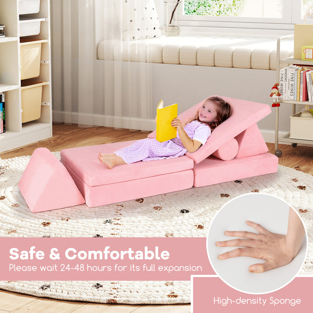 Modular 8-piece kids play couch in pink, featuring high-density sponge and suede cover for safe, comfortable play.