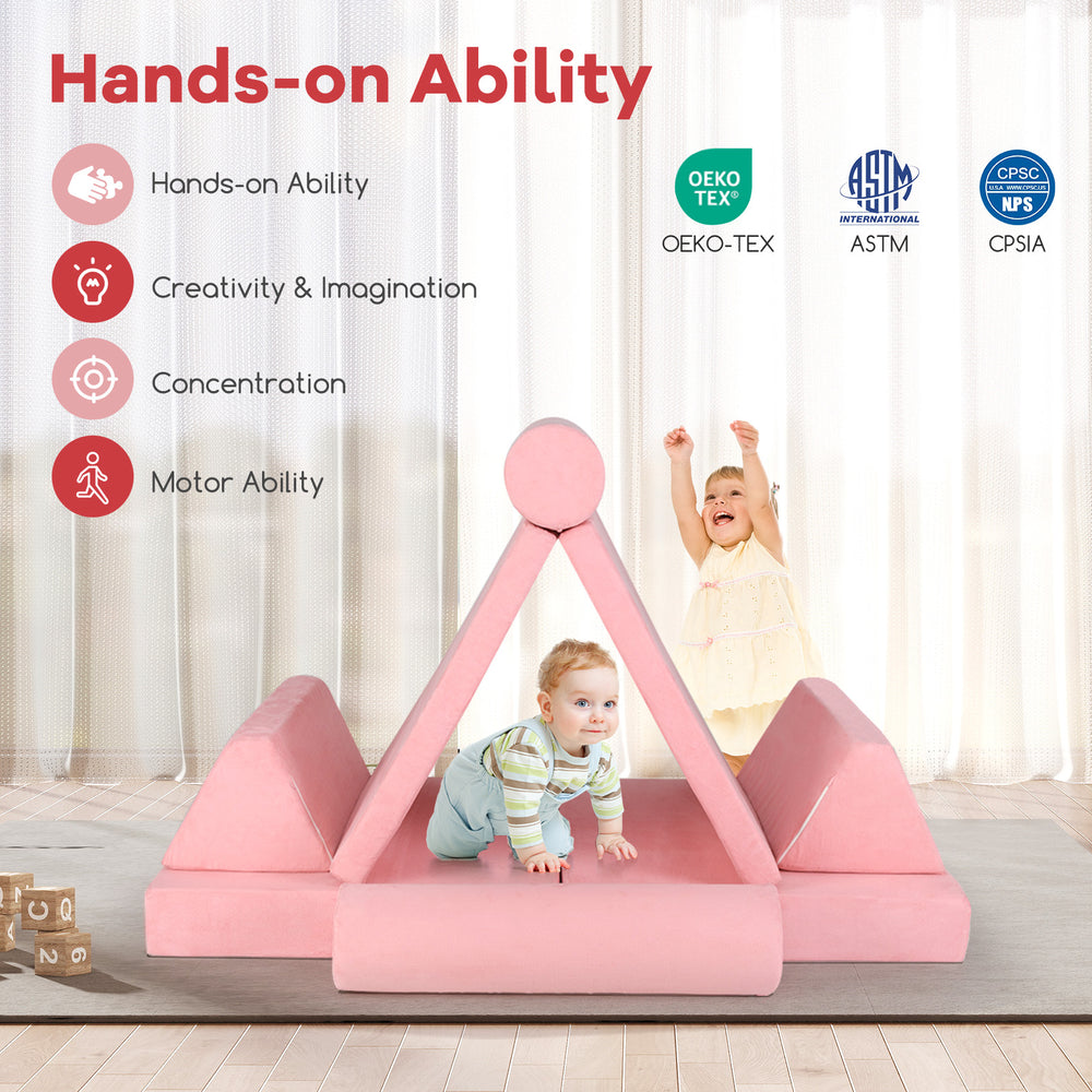 Modular 8-piece kids play couch set in pink with suede cover, perfect for building forts and imaginative play.