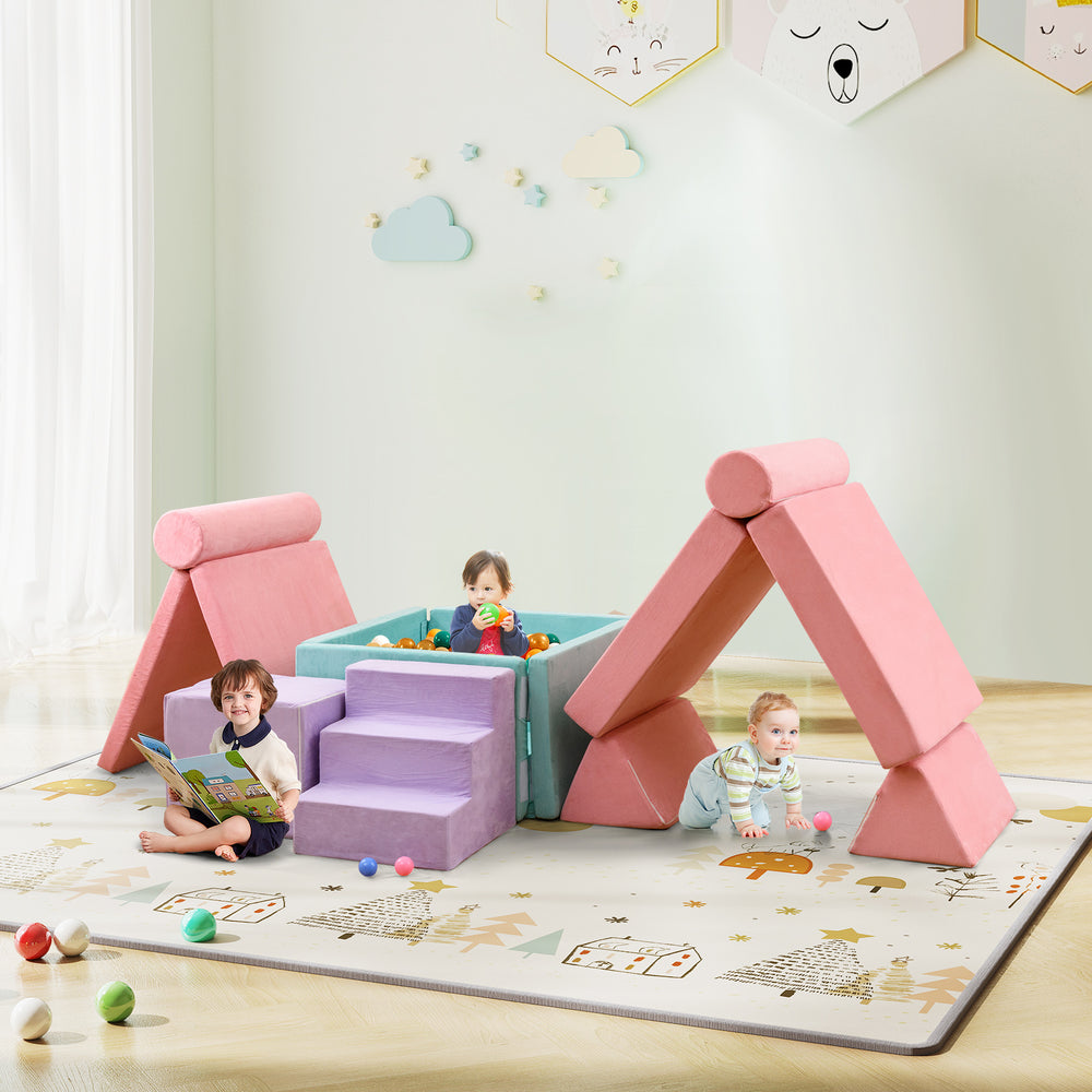 Colorful 8-piece kids play couch foam building fort set in pink, featuring modular design for imaginative play and.