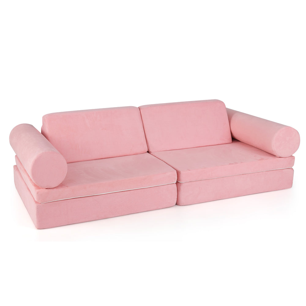 Modular pink kids play couch set with suede cover, featuring high-density foam for safe and comfortable play.