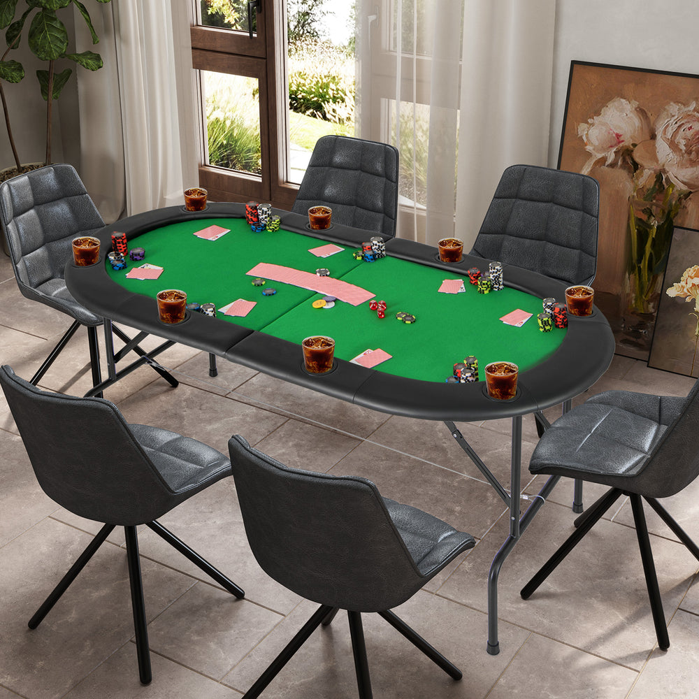 Overview of the 8 Players Texas Holdem Foldable Poker Table set up for gameplay, featuring a green felt surface and cup.