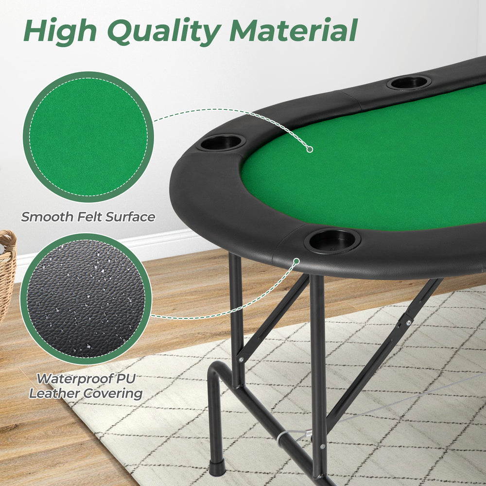 Close-up of the green felt surface and waterproof PU leather covering of the 8-player foldable poker table.