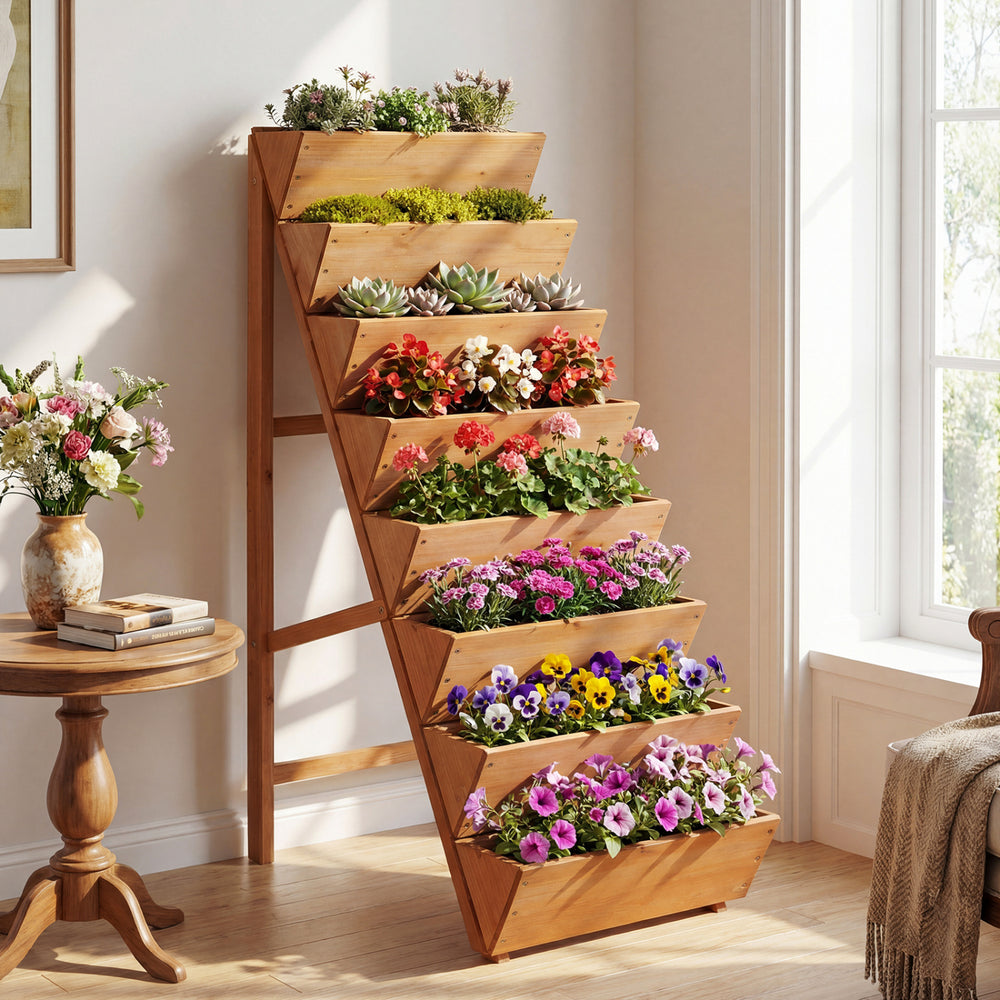 8-tier vertical raised garden bed made of fir wood, featuring colorful flowers, perfect for small balconies or tight.