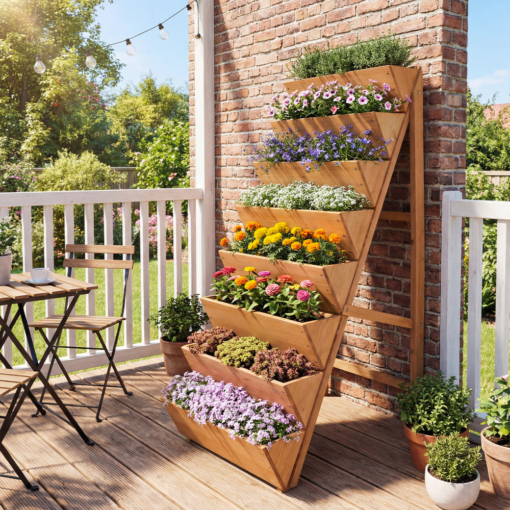8-tier vertical raised garden bed made of fir wood, perfect for small balconies and efficient space utilization.