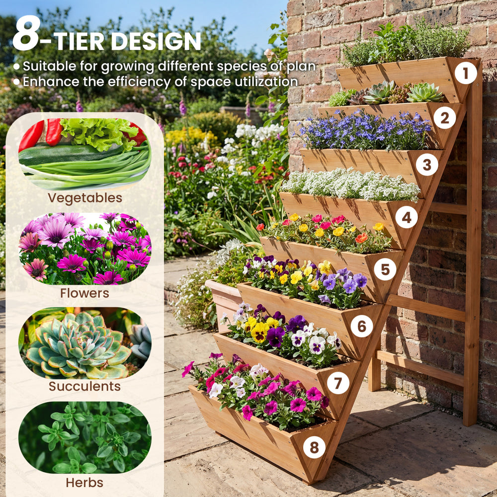 8-tier vertical raised garden bed in orange, made of fir wood, ideal for growing various plants in small spaces.