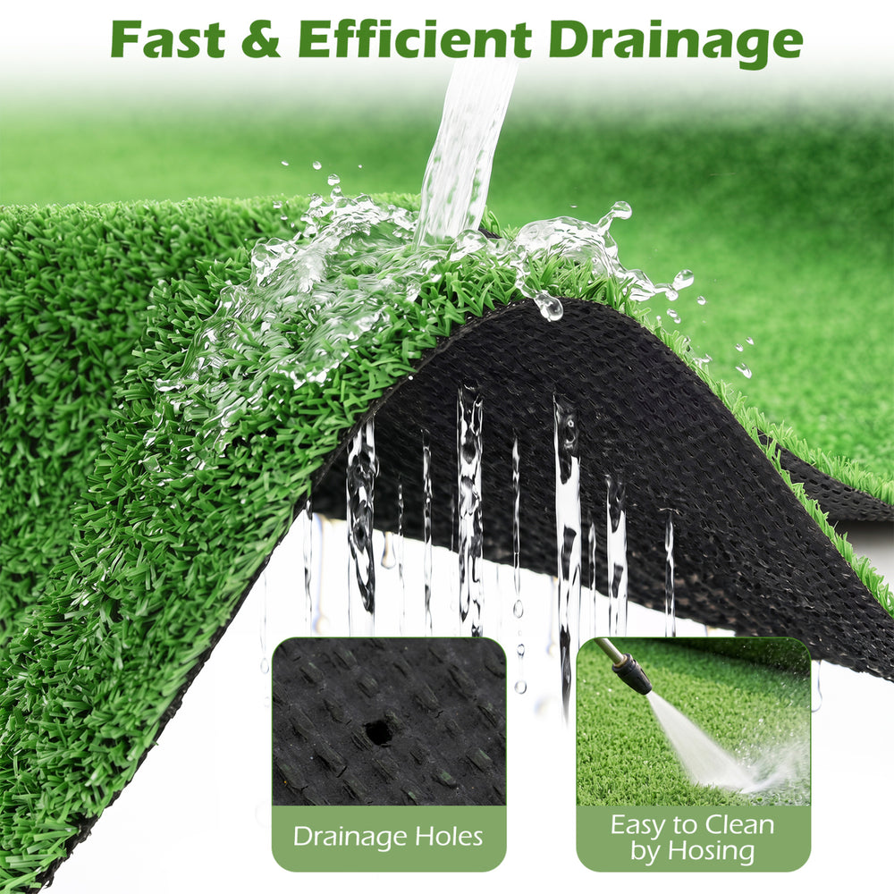 Artificial turf rug showing drainage holes and water flow, featuring low 0.3" pile height for easy cleaning and.