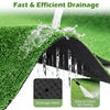 Artificial turf rug showing drainage holes and water flow, featuring low 0.3" pile height for easy cleaning and.