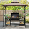 Grill gazebo with rustic brown canopy, featuring 2 shelves, 6 hooks, and a sturdy metal frame for outdoor cooking.