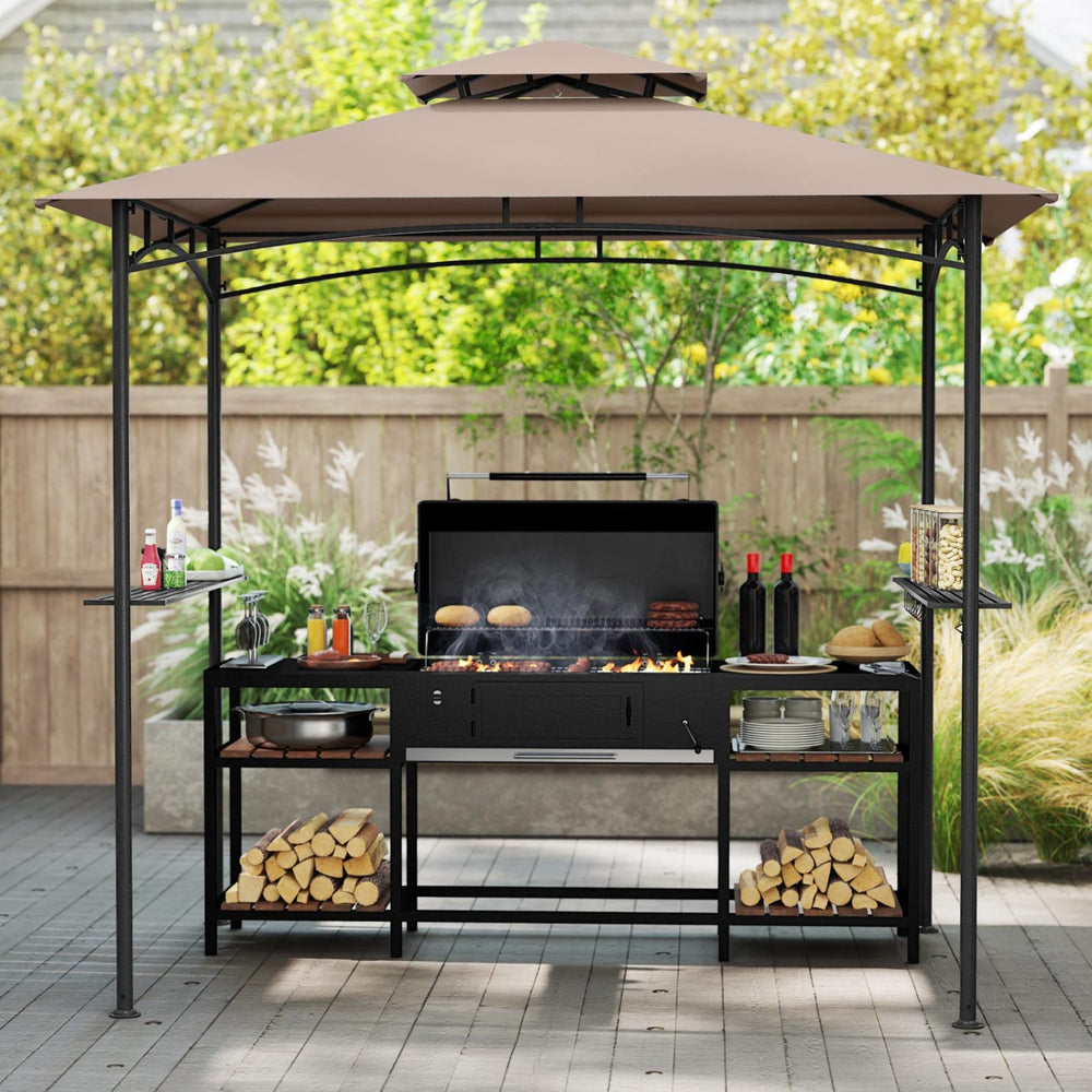 Grill gazebo with rustic brown canopy, featuring 2 shelves, 6 hooks, and a sturdy metal frame for outdoor cooking.