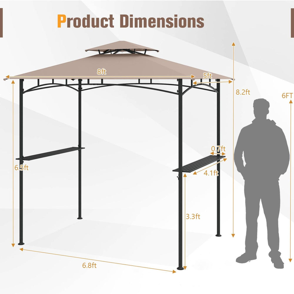 Dimensions of the 8 x 5 feet grill gazebo with rustic brown canopy, featuring 2 shelves and 6 hooks for outdoor cooking.