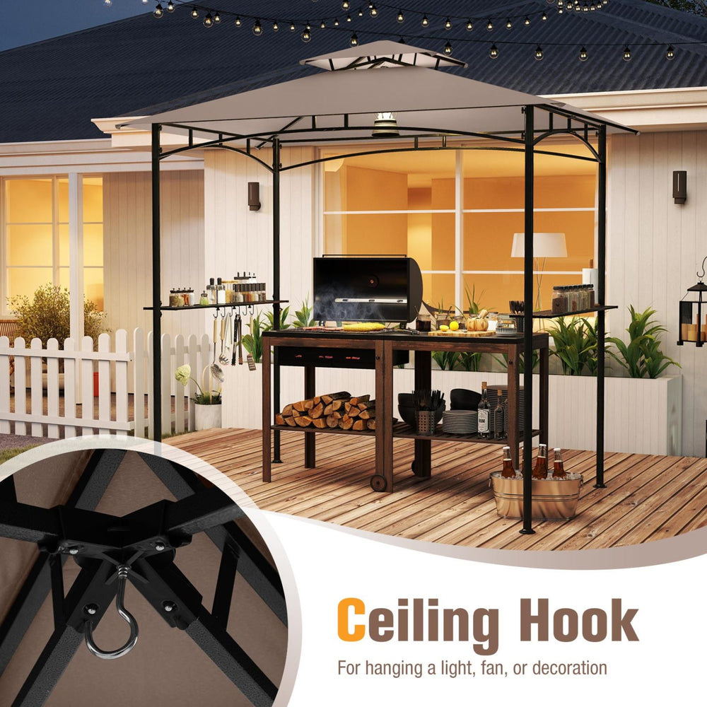 Grill gazebo with a rustic brown metal frame, featuring a double-tiered roof, 2 shelves, and 6 hooks for utensils.