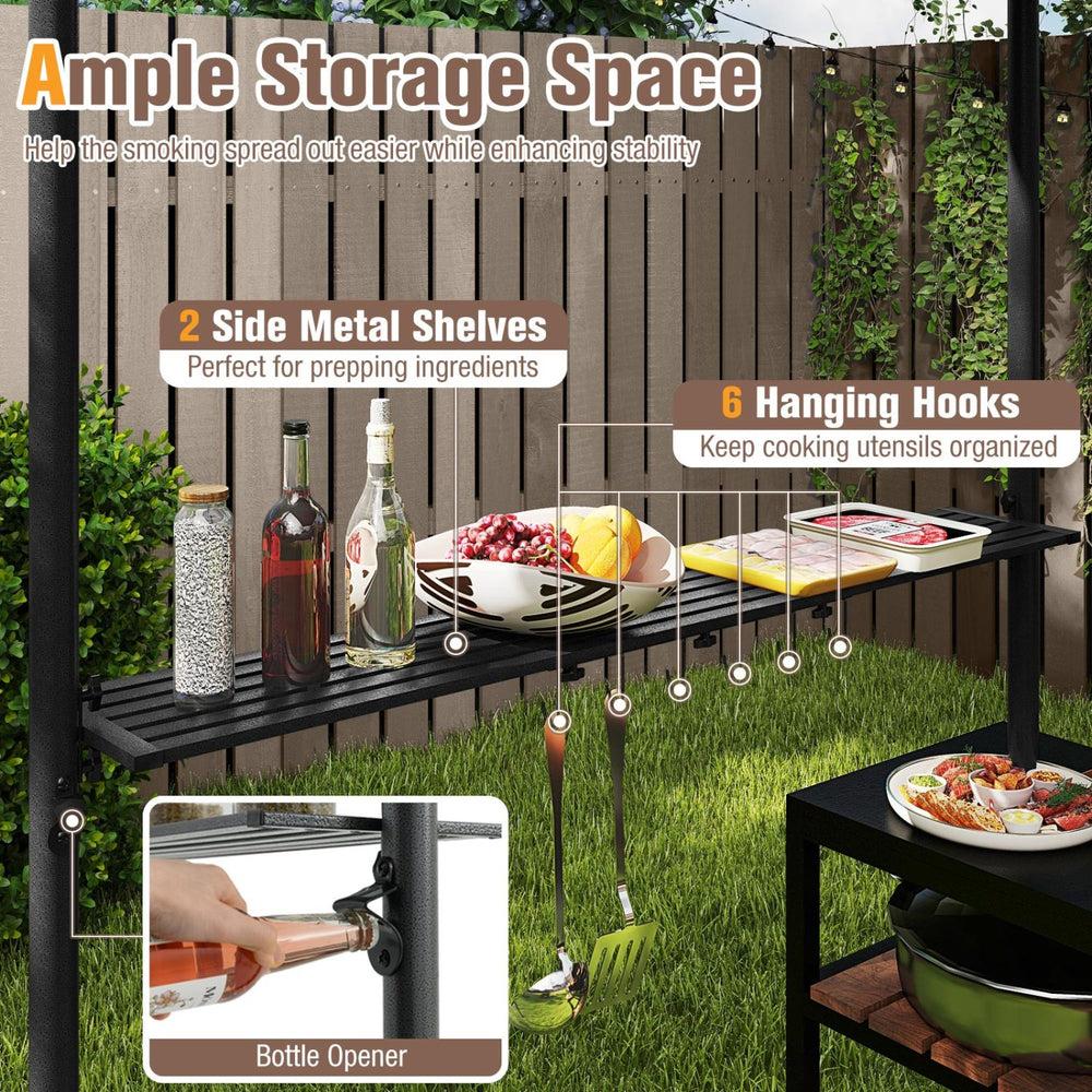 Grill gazebo featuring 2 metal shelves and 6 hooks, designed for outdoor cooking with ample storage space and stability.