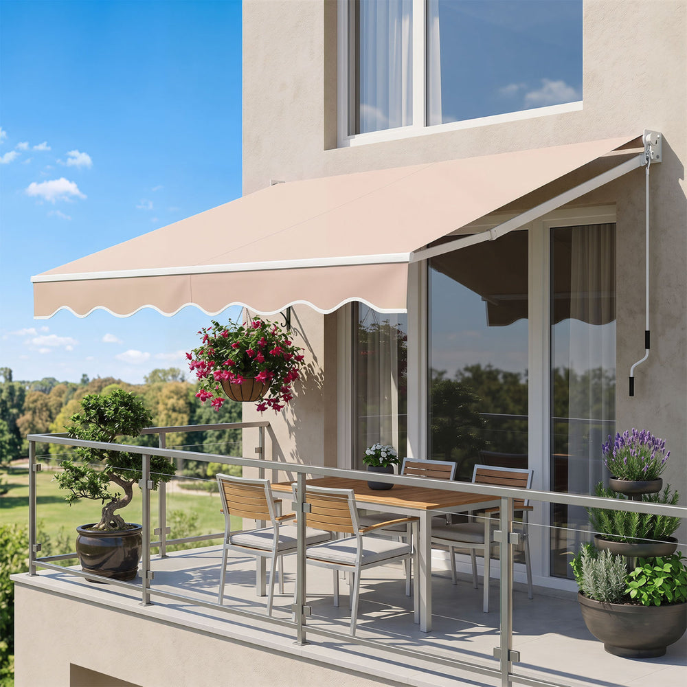 Retractable 8 x 6.6 feet patio awning in beige with manual crank, providing UV protection and a stylish wavy edge.