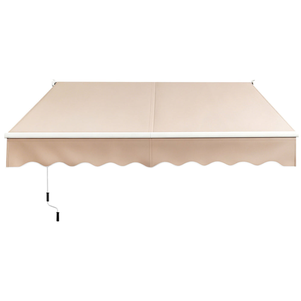 Retractable 8 x 6.6 feet patio awning in beige with a manual crank handle, providing UV protection and stylish decor.