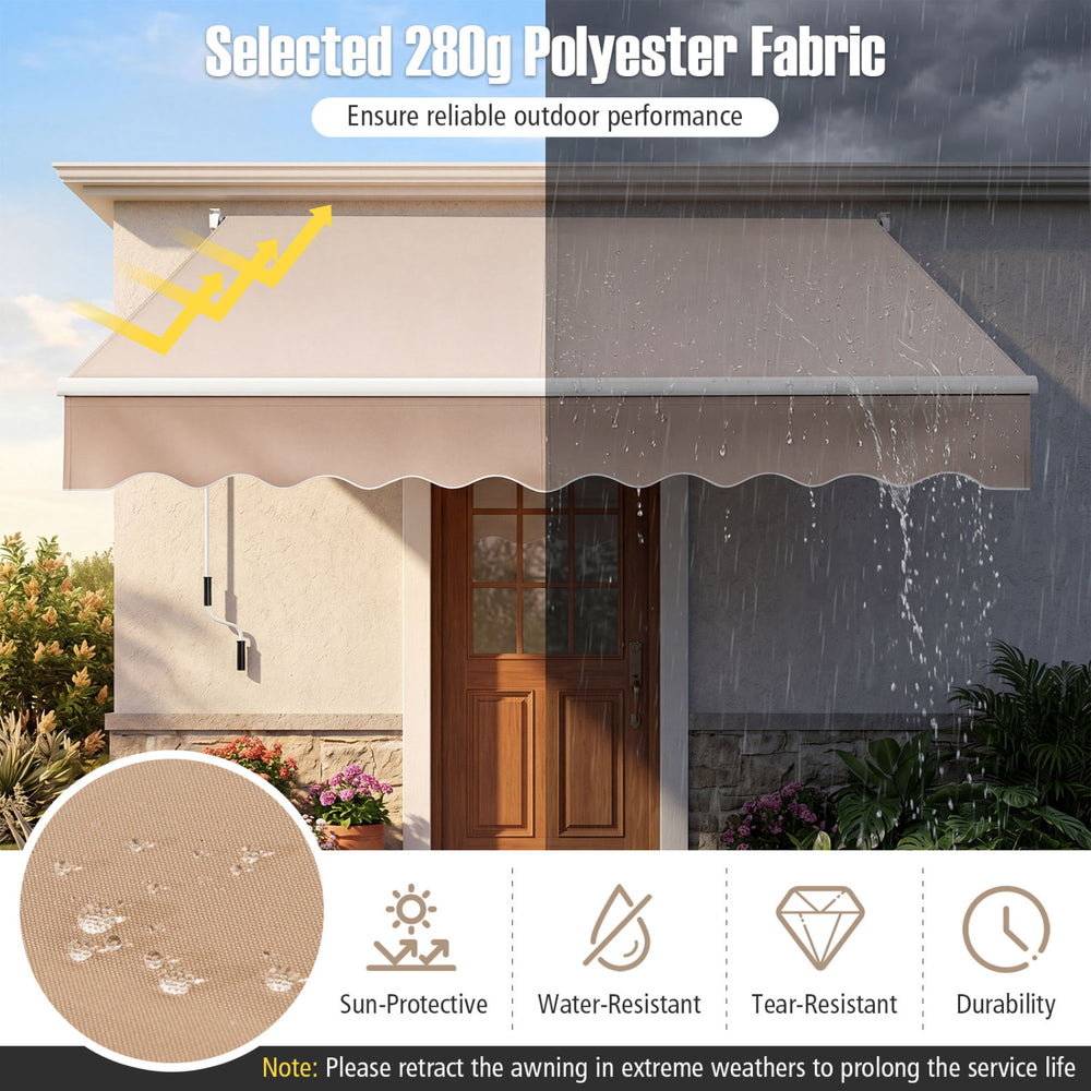 Retractable 8 x 6.6 feet patio awning in beige with waterproof polyester fabric, ideal for outdoor sun protection.