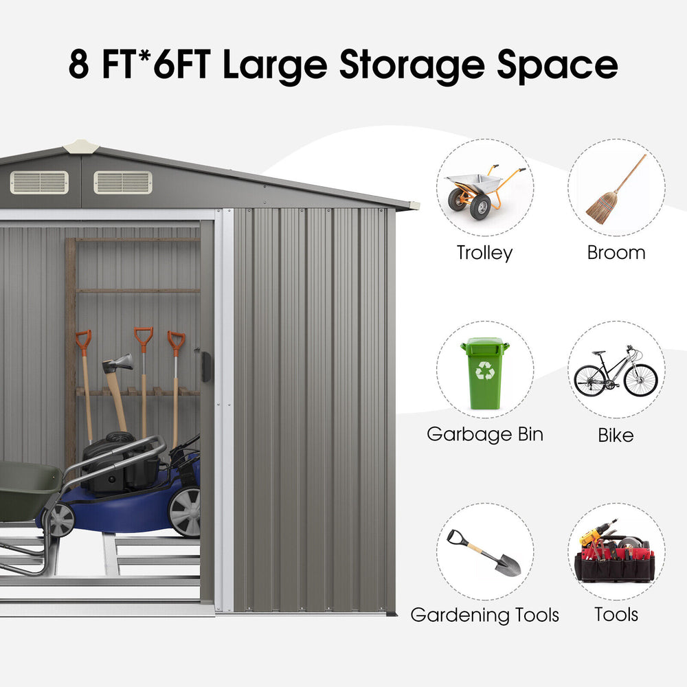 Costway Metal Storage Shed 8' x 6' with Sliding Double Lockable Doors New