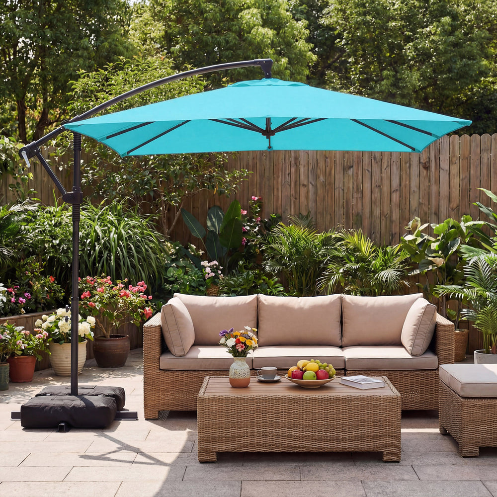 8 x 8 ft Offset Cantilever Patio Umbrella Square Hanging Outdoor Market Umbrella with 360° Rotation-Turquoise