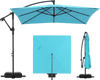 Turquoise 8 x 8 ft offset cantilever patio umbrella with 360° rotation and heavy-duty support for outdoor gatherings.