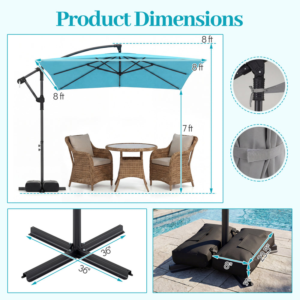 8ft cantilever patio umbrella Costway 8' x 8' Offset Square Hanging Outdoo FactoryPure you can place additional sandbags or weights on the base Mondawe 8 x 8 ft