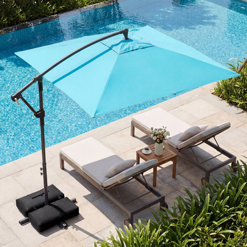 8 ft tilting patio umbrella 10 | 360 Swivel & Tilt, Fiberglass Ribs, Cross Base It features 32 bright LED lights powered by a solar panel that charges automatically during the day and glows at night 8 x 8 ft Offset