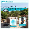 Turquoise 8x8 ft offset cantilever patio umbrella with 360° rotation, ideal for outdoor gatherings and shade adjustment.
