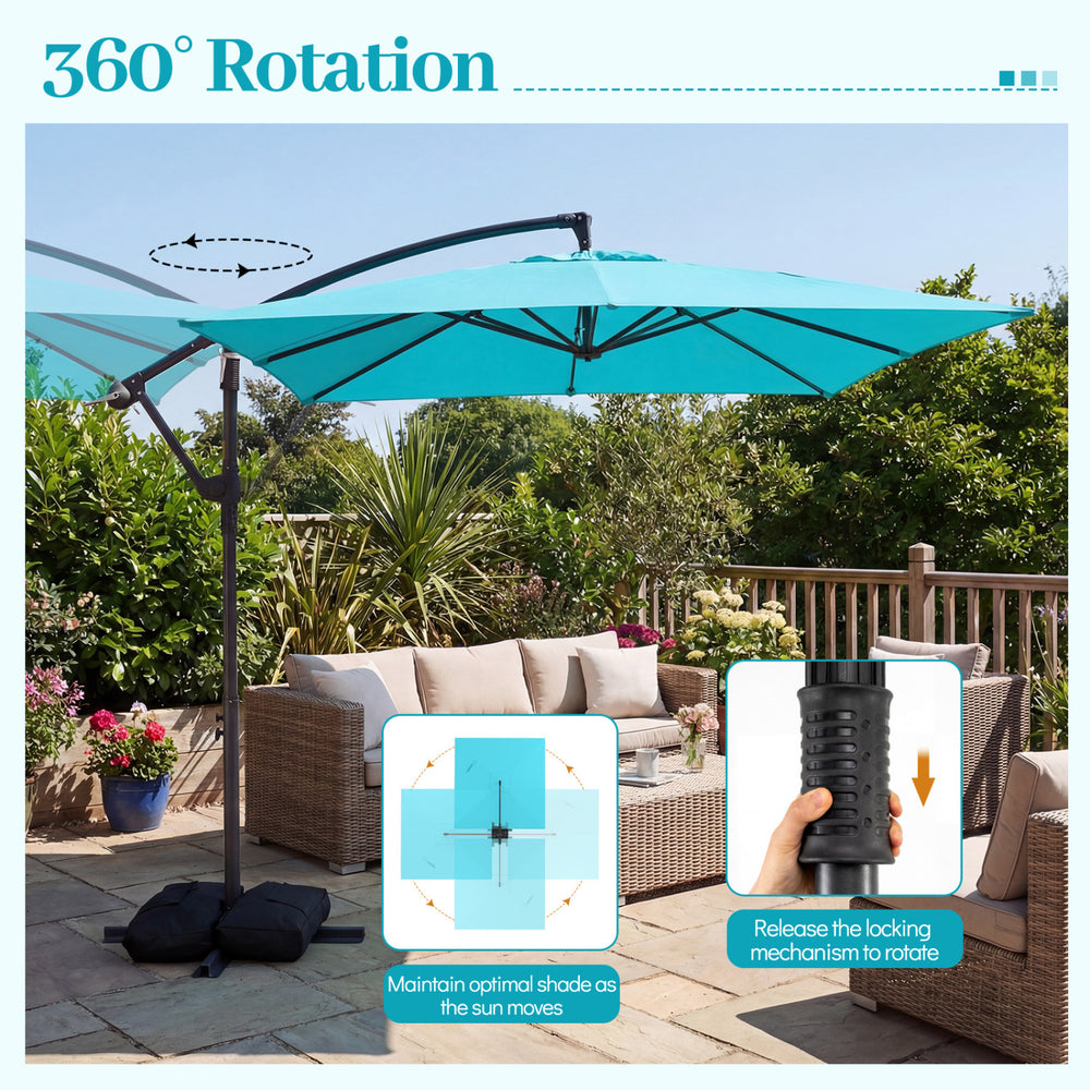8 x 8 ft Offset Cantilever Patio Umbrella Square Hanging Outdoor Market Umbrella with 360° Rotation-Turquoise