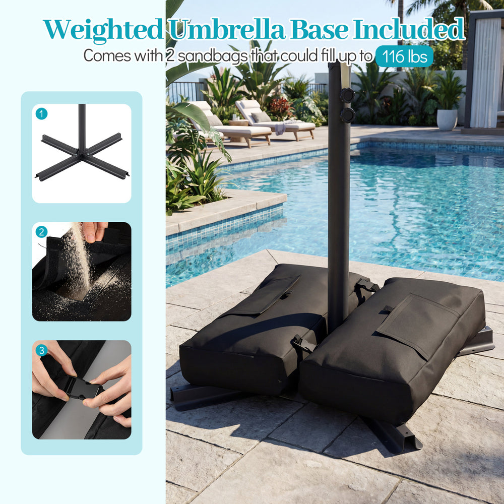 Weighted cross base with two sandbags for the 8 x 8 ft offset cantilever patio umbrella, providing stability and.