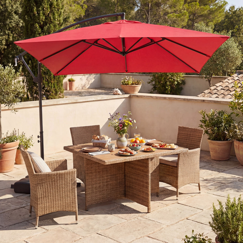 8 x 8 ft Offset Cantilever Patio Umbrella Square Hanging Outdoor Market Umbrella with 360° Rotation-Red