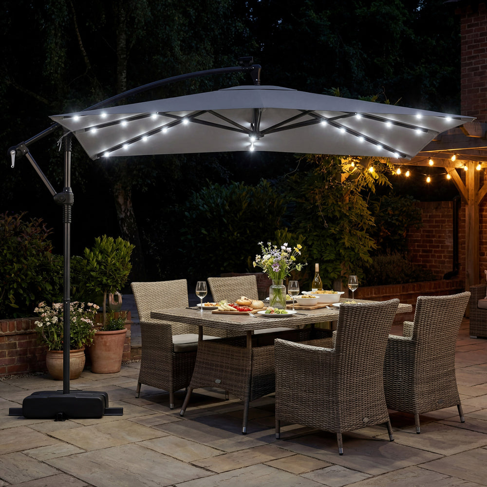 8 x 8 Square FT Solar LED Offset Cantilever Patio Umbrella with 360° Rotation-Gray - Gallery View 1 of 10