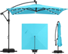 Turquoise 8 x 8 ft solar LED offset cantilever patio umbrella with 360° rotation and sturdy metal ribs for outdoor.