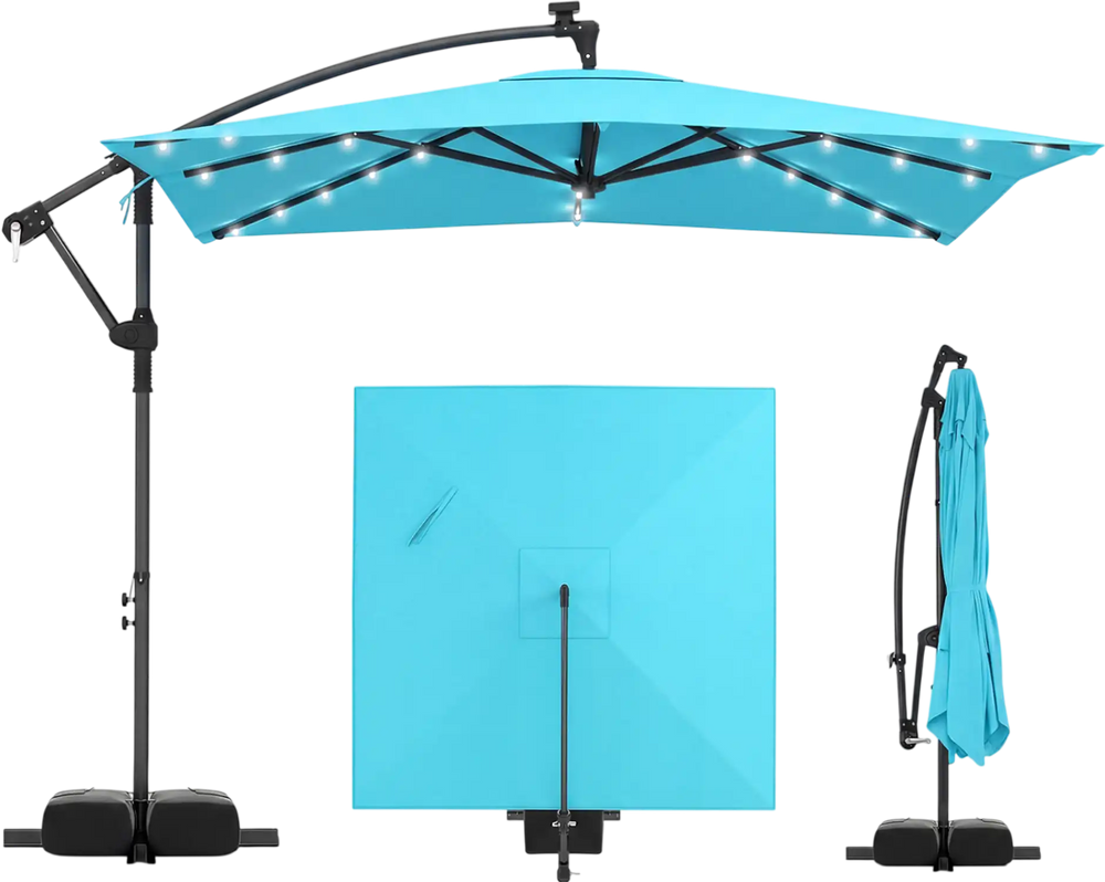Turquoise 8 x 8 ft solar LED offset cantilever patio umbrella with 360° rotation and sturdy metal ribs for outdoor.