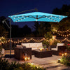 Turquoise 8 x 8 ft solar LED offset cantilever patio umbrella with 360° rotation, providing shade for outdoor.