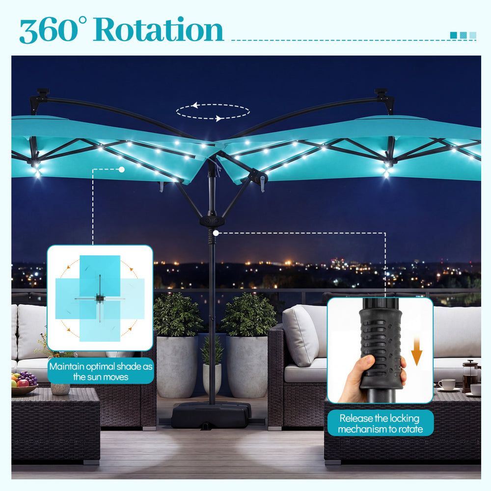 Turquoise 8 x 8 ft solar LED offset patio umbrella with 360° rotation, ideal for outdoor gatherings and shade.