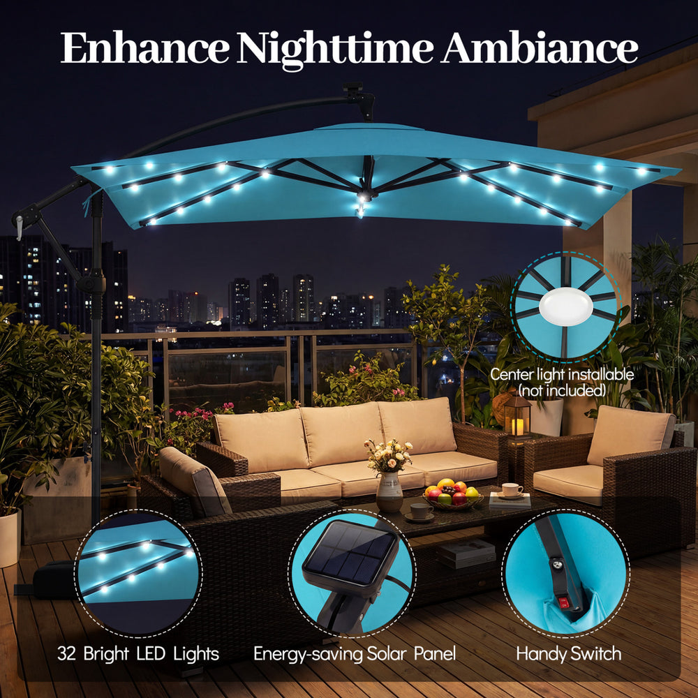 Turquoise 8 x 8 ft solar LED offset patio umbrella with 360° rotation, providing spacious shade and nighttime.